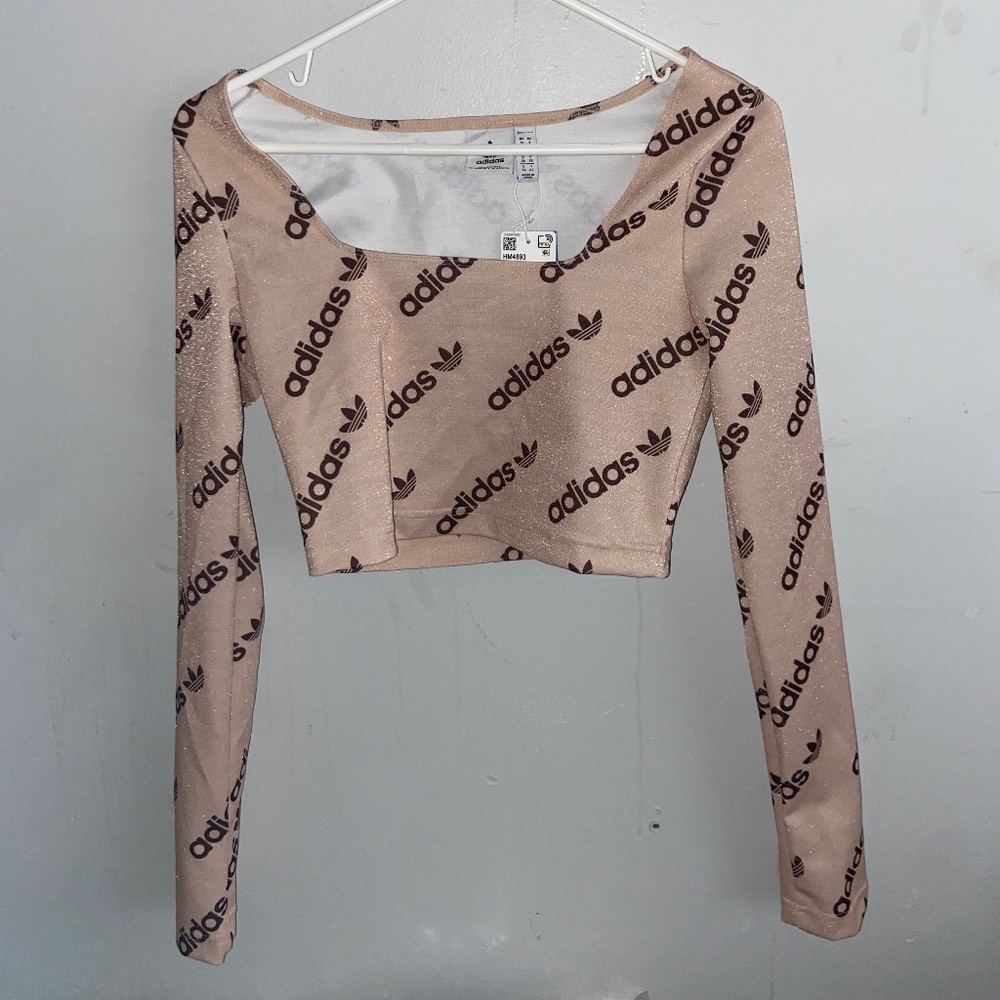 adidas Women's Long Sleeve Cropped Tee in Beige with Black Logos